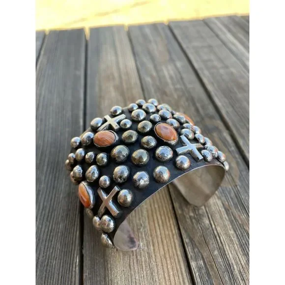 Navajo Sterling Silver & Orange Spiny Cross Bracelet By Chimney Butte Signed